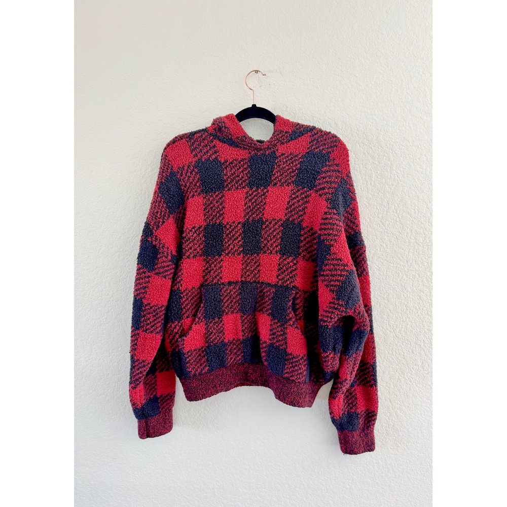 SKIMS Red Black Buffalo Plaid Popcorn Knit Hoodie Sweatshirt Womens SM P/M